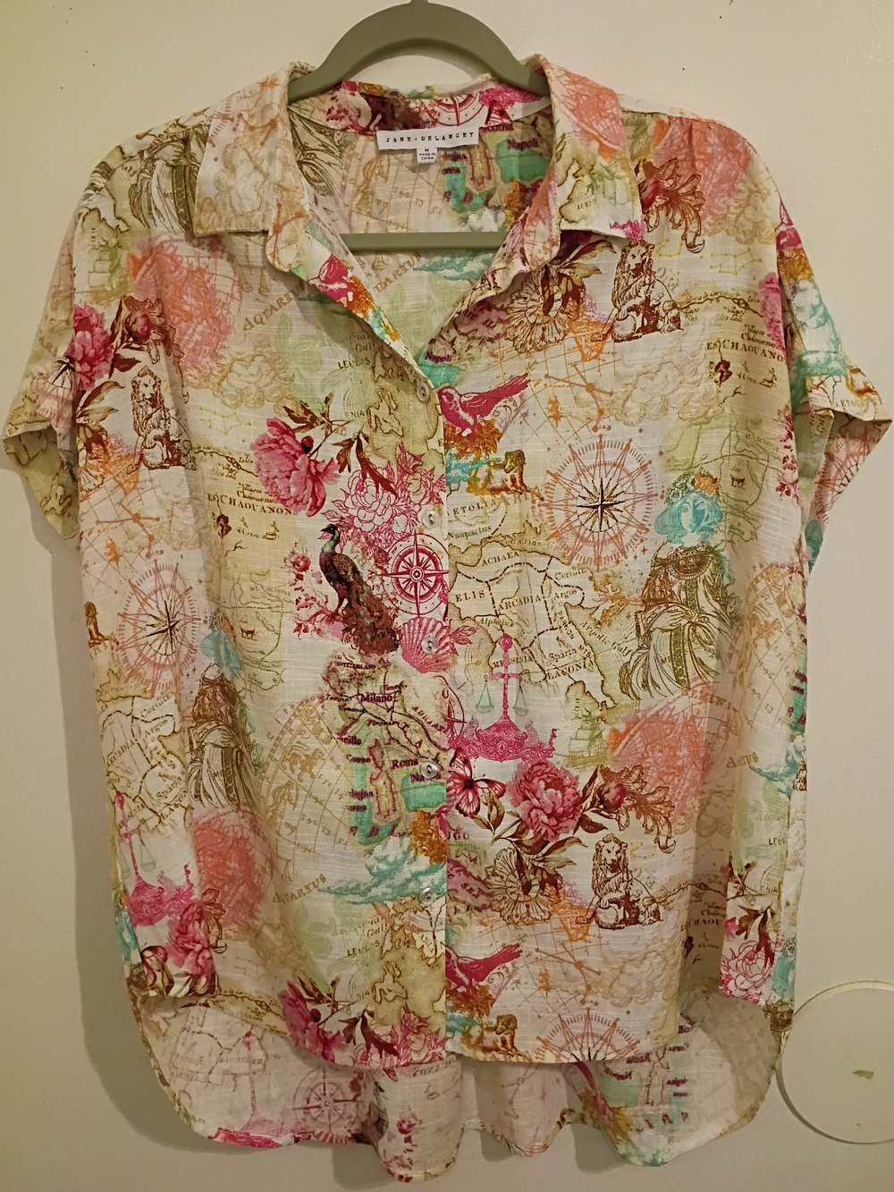 Jane+Delancey Women's Floral‎ Map-Print Colorful Top Sz M